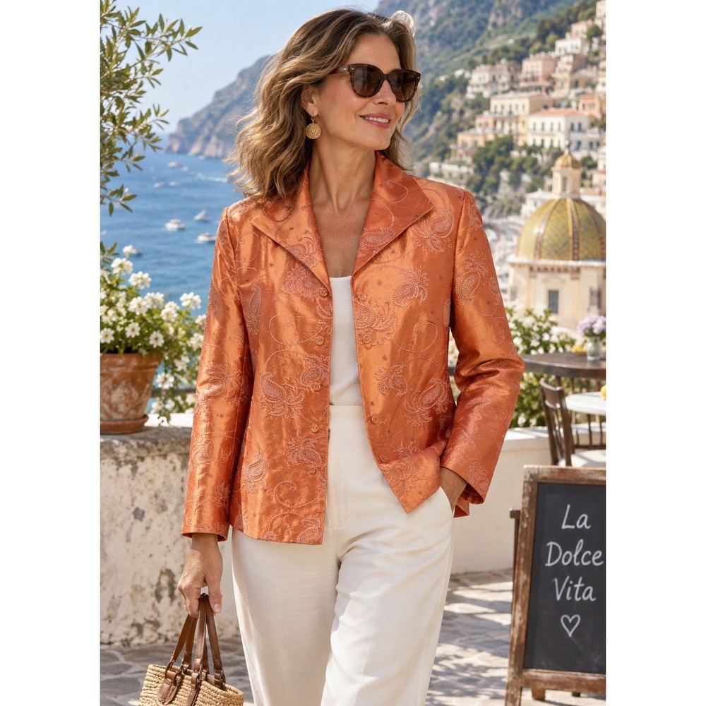 Vtg Norm Thompson 100% Silk Jacket~Sz M~Orange Paisley Embroidered Boho Luxury